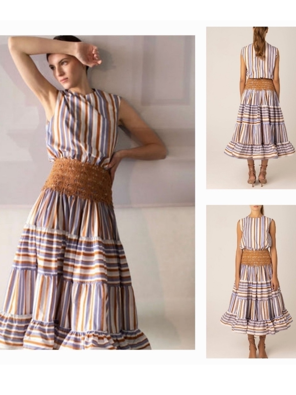 $1.300 Silvia Tcherassi Sleeveless Striped Midi Dress in Blue & Tan - Picture 2 of 16